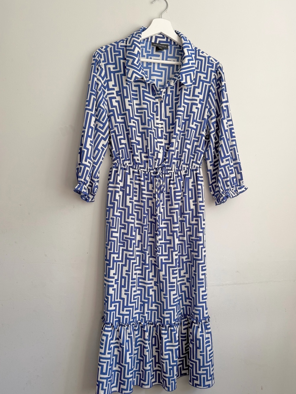 Stella & Julie Plus Size 14W Blue White Greek Key Shirt Midi Dress